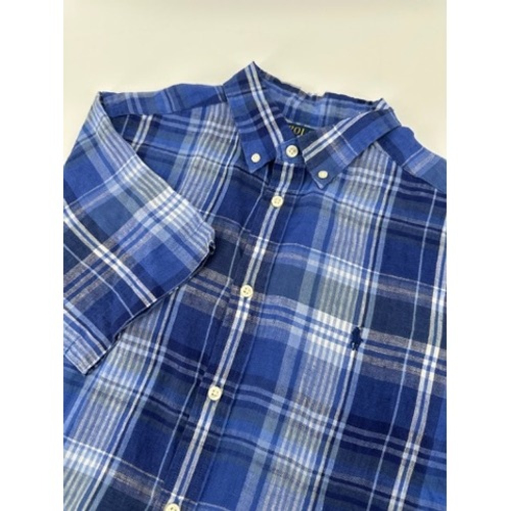 Polo Ralph Lauren Kids Blue‎ Plaid Button Down Short Sleeve Shirt XL 18-20 Linen